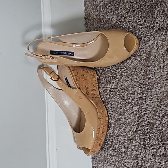 Stuart Weitzman Shoes - Stuart Weitzman beige patent leather cork wedge heel slingback shoes-7
